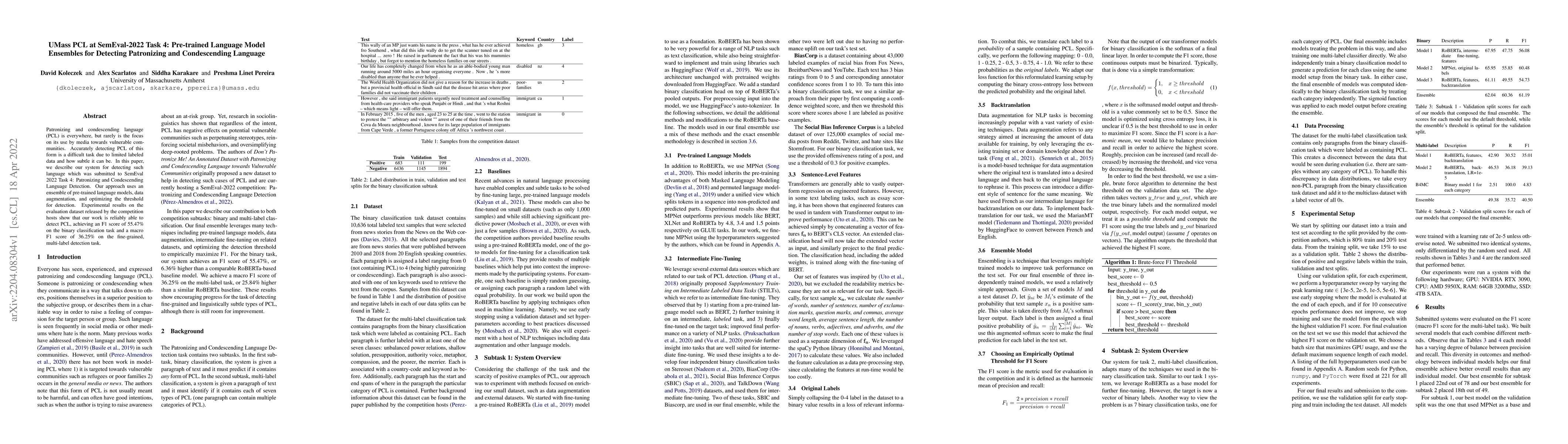 Thumbnail for UMass PCL at SemEval-2022 Task 4: Pre-trained Language Model Ensembles
  for Detecting Patronizing and Condescending Language