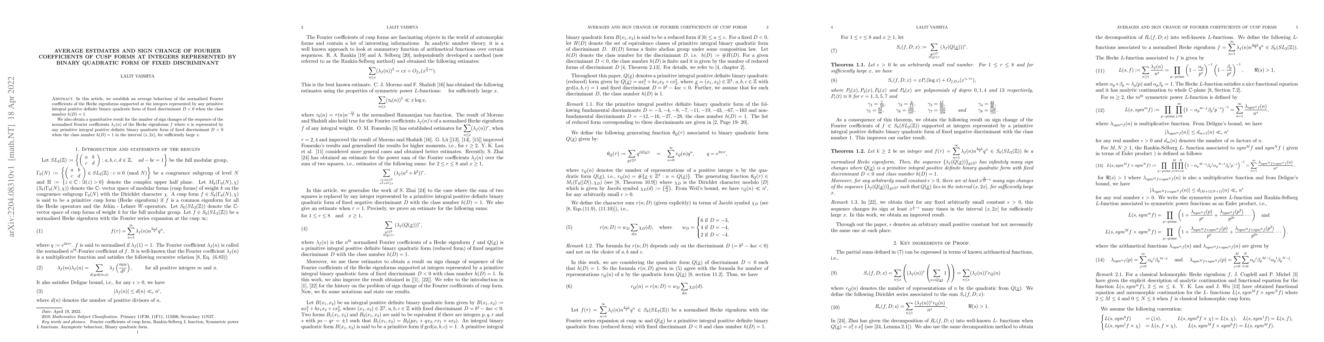 Thumbnail for Average estimates and sign change of Fourier coefficients of cusp forms
  at integers represented by binary quadratic form of fixed discriminant