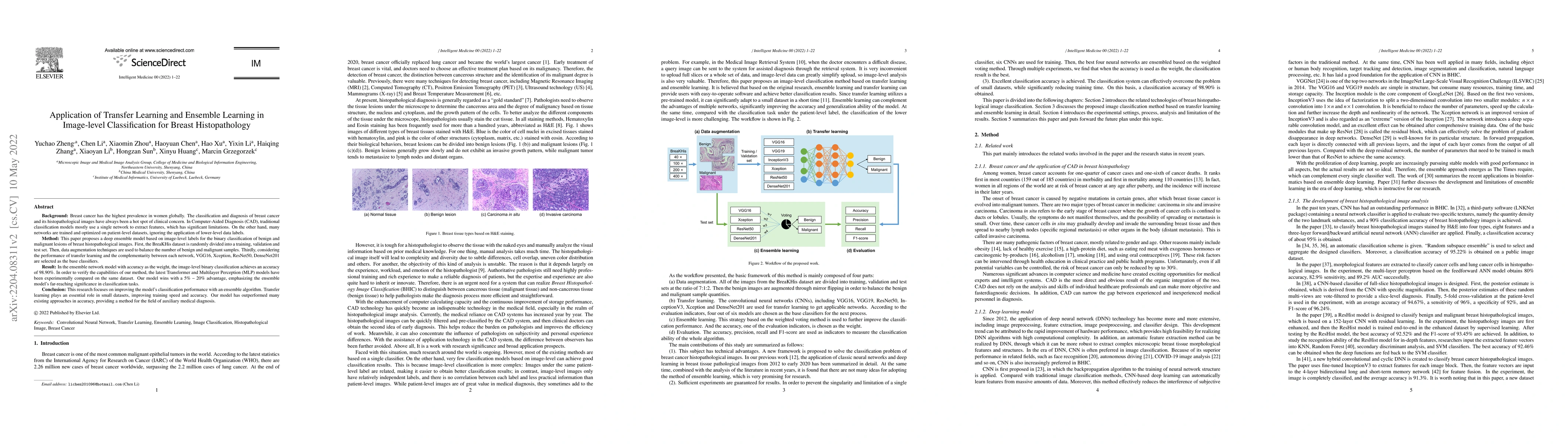 Thumbnail for Application of Transfer Learning and Ensemble Learning in Image-level
  Classification for Breast Histopathology