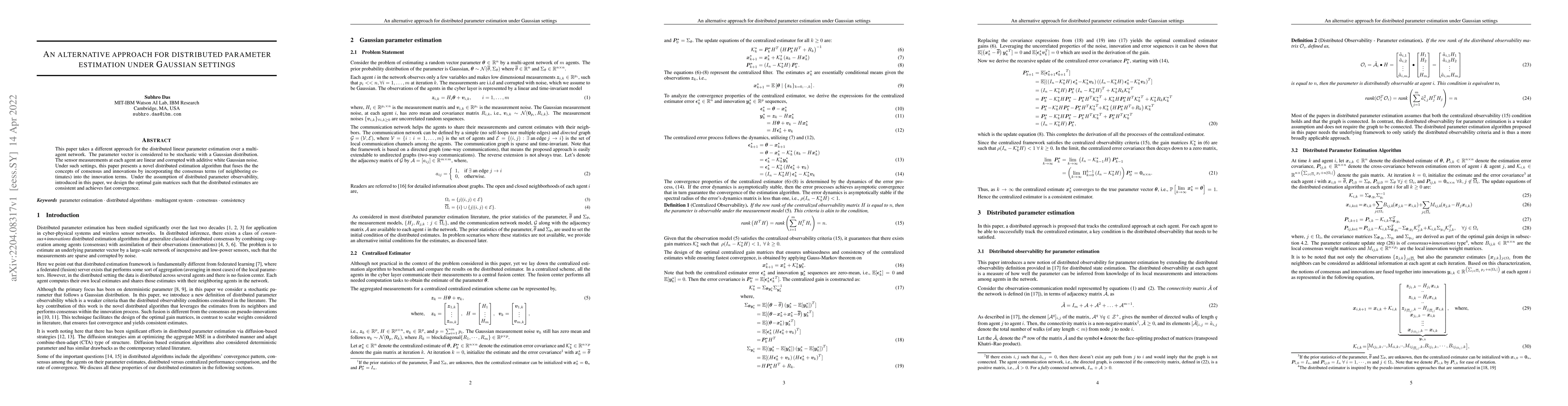 Thumbnail for An alternative approach for distributed parameter estimation under
  Gaussian settings