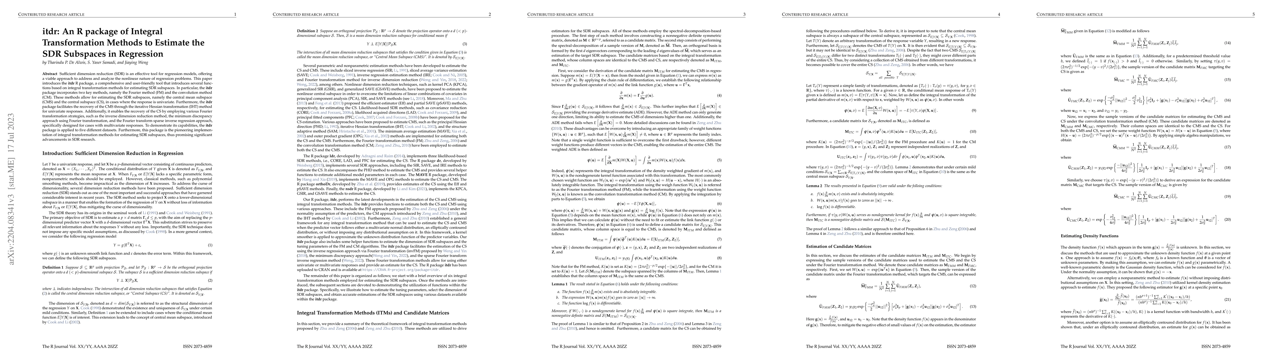 Thumbnail for itdr: An R package of Integral Transformation Methods to Estimate the
  SDR Subspaces in Regression