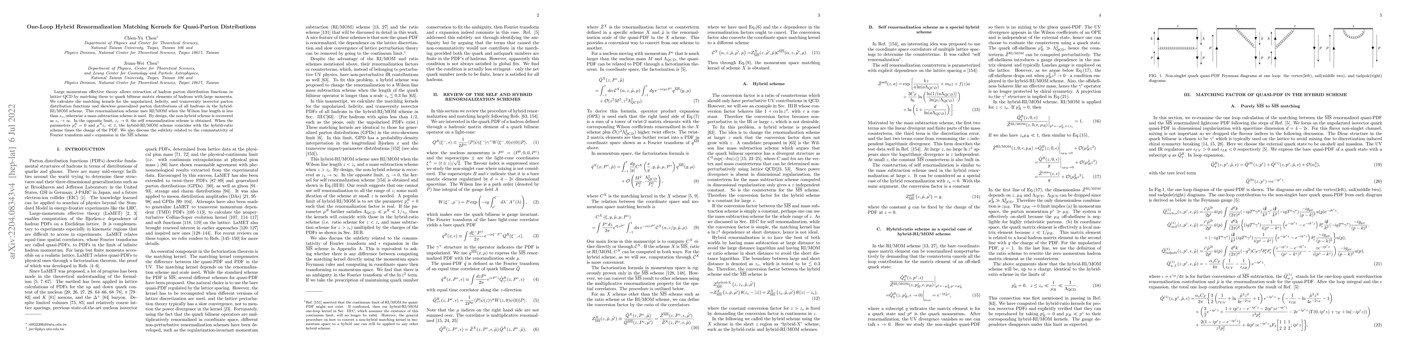 Thumbnail for One-Loop Hybrid Renormalization Matching Kernels for Quasi-Parton
  Distributions