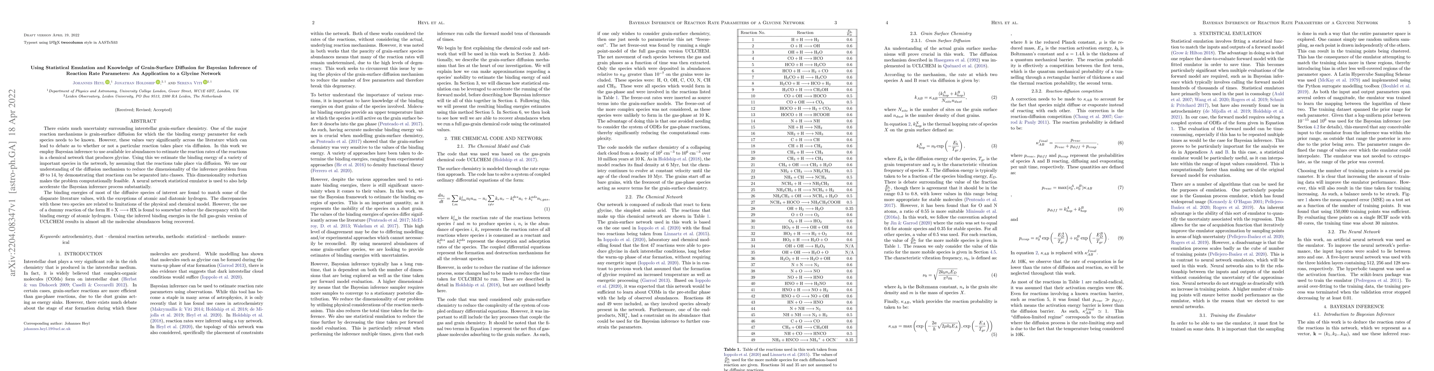 Thumbnail for Using Statistical Emulation and Knowledge of Grain-Surface Diffusion for
  Bayesian Inference of Reaction Rate Parameters: An Application to a Glycine
  Network
