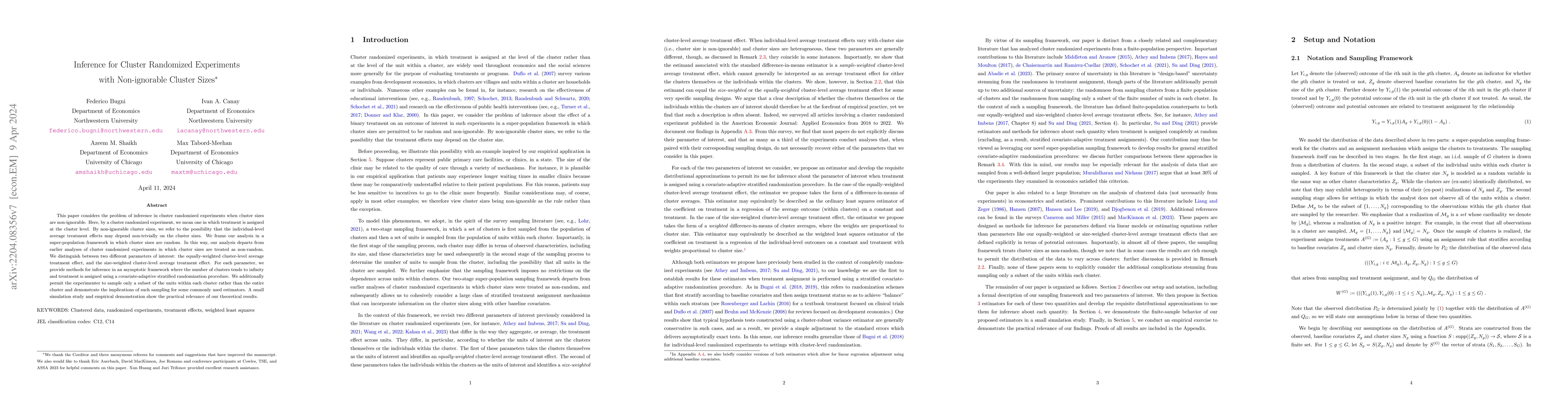 Thumbnail for Inference for Cluster Randomized Experiments with Non-ignorable Cluster
  Sizes
