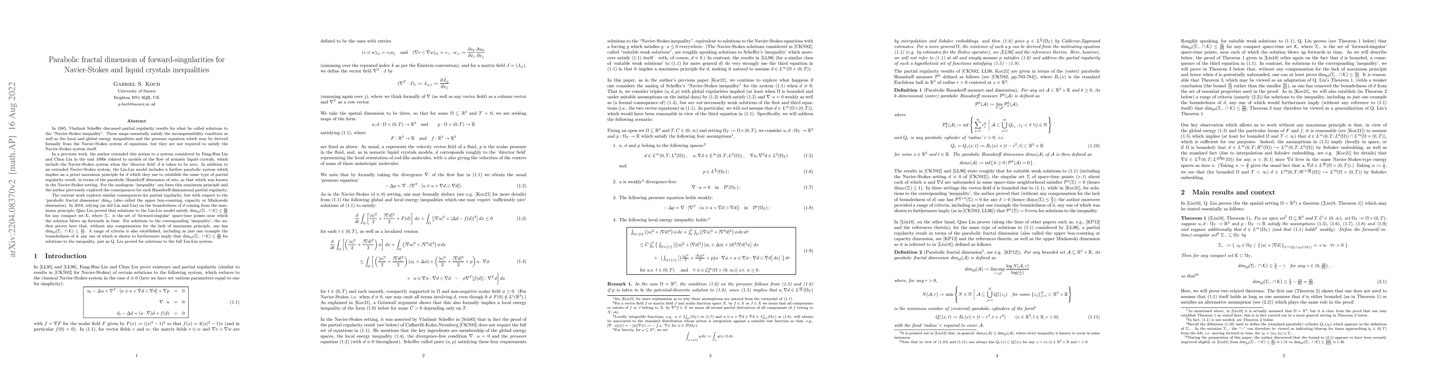 Thumbnail for Parabolic fractal dimension of forward-singularities for Navier-Stokes
  and liquid crystals inequalities