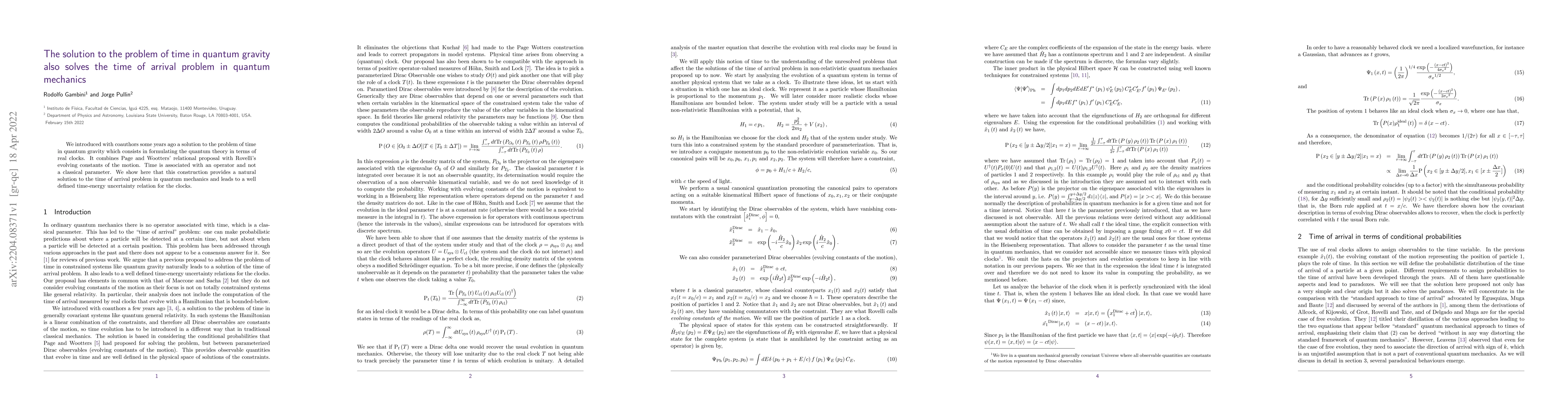 Thumbnail for The solution to the problem of time in quantum gravity also solves the
  time of arrival problem in quantum mechanics