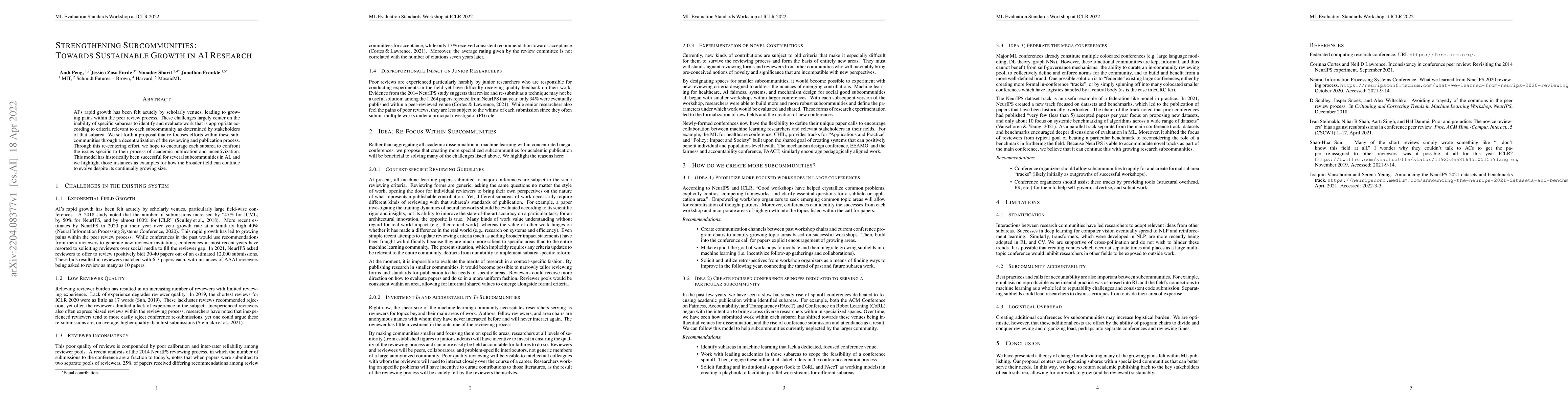Thumbnail for Strengthening Subcommunities: Towards Sustainable Growth in AI Research