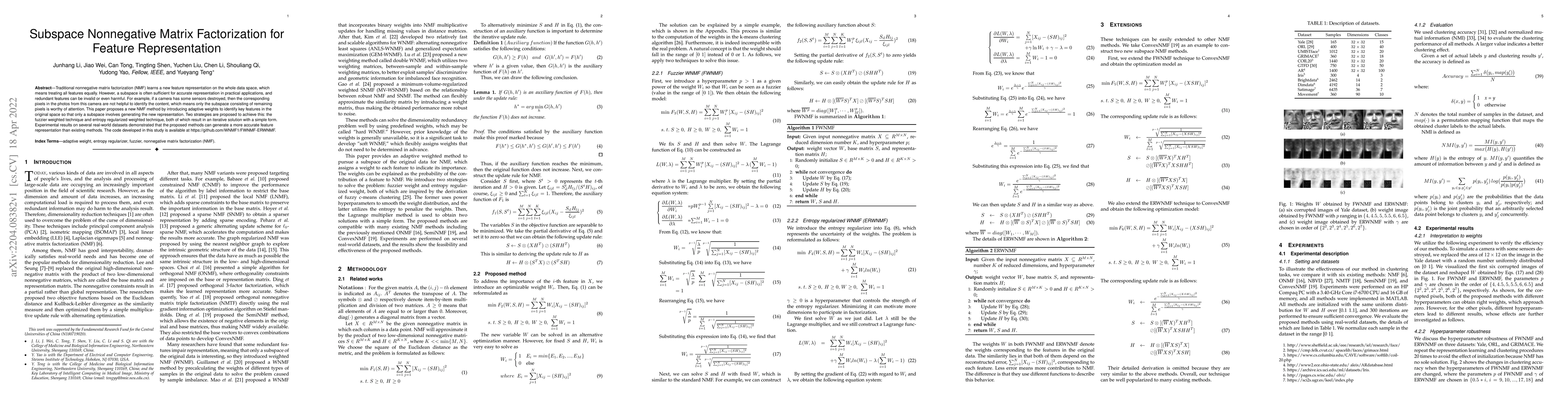 Thumbnail for Subspace Nonnegative Matrix Factorization for Feature Representation