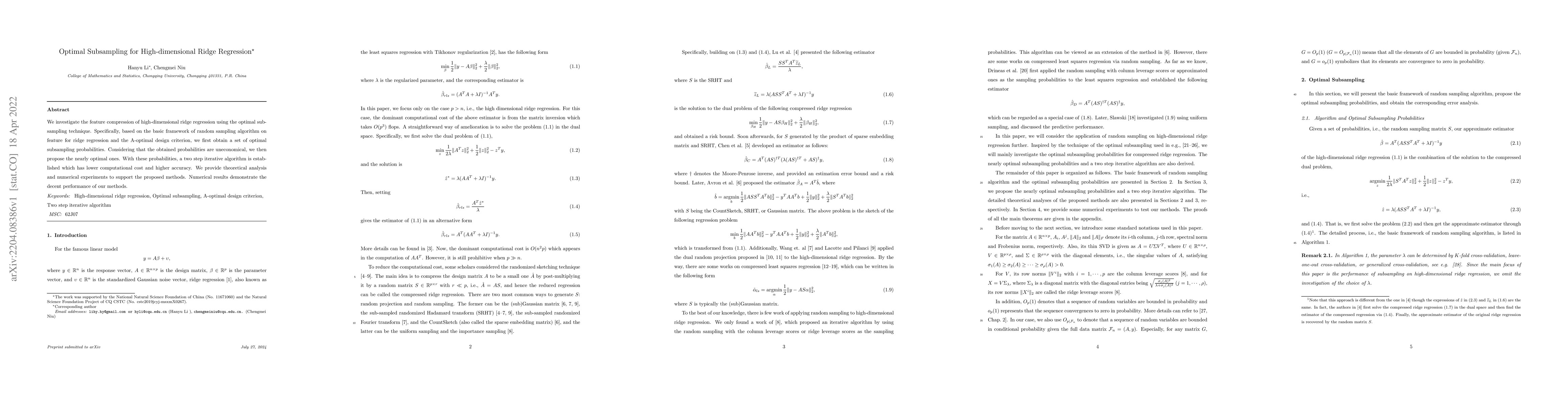Thumbnail for Optimal Subsampling for High-dimensional Ridge Regression