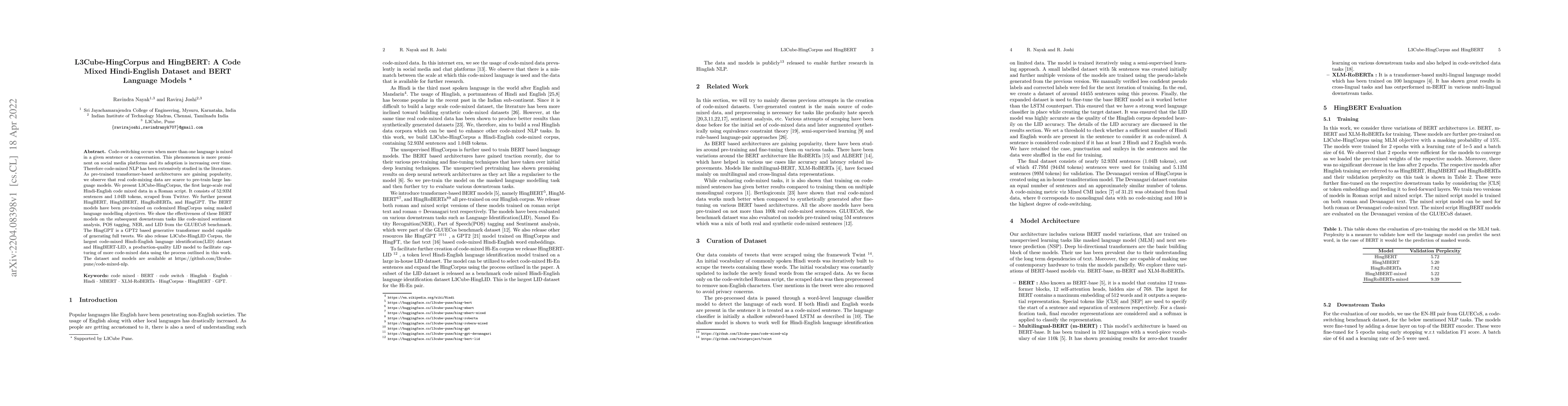 Thumbnail for L3Cube-HingCorpus and HingBERT: A Code Mixed Hindi-English Dataset and
  BERT Language Models