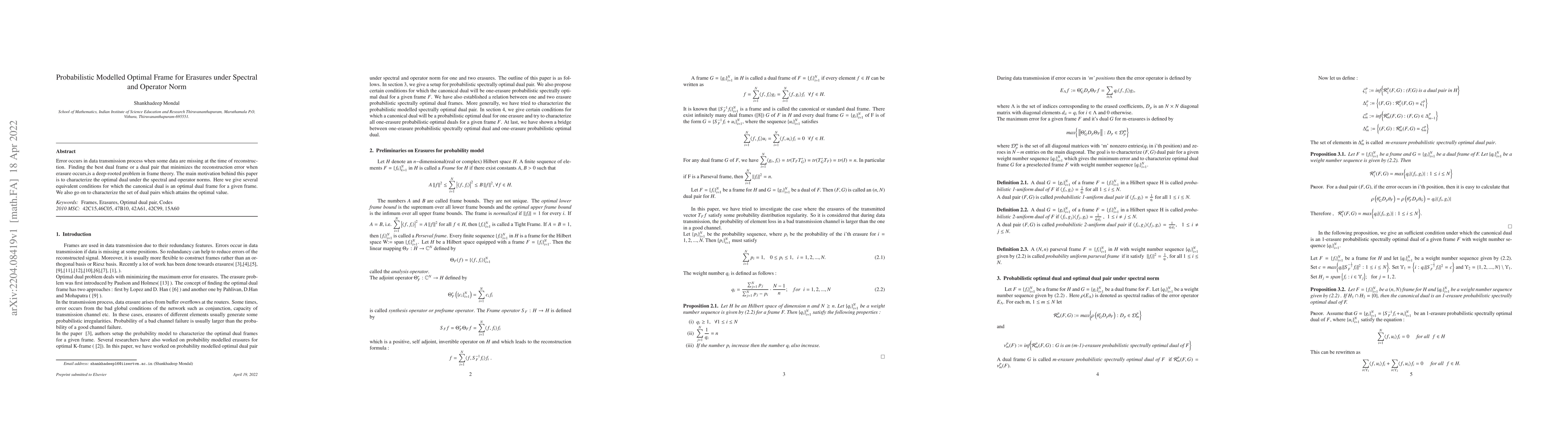 Thumbnail for Probabilistic Modelled Optimal Frame for Erasures under Spectral and
  Operator Norm