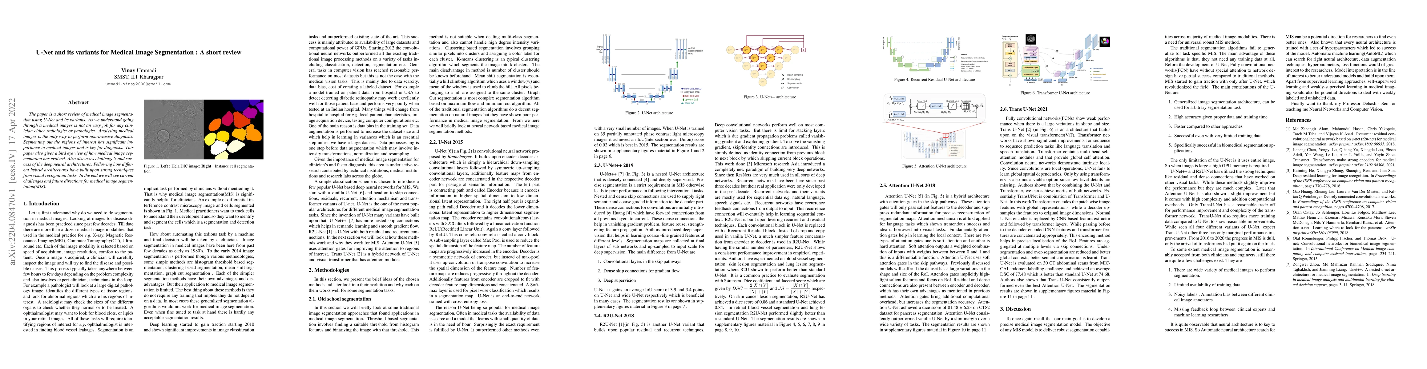 Thumbnail for U-Net and its variants for Medical Image Segmentation : A short review