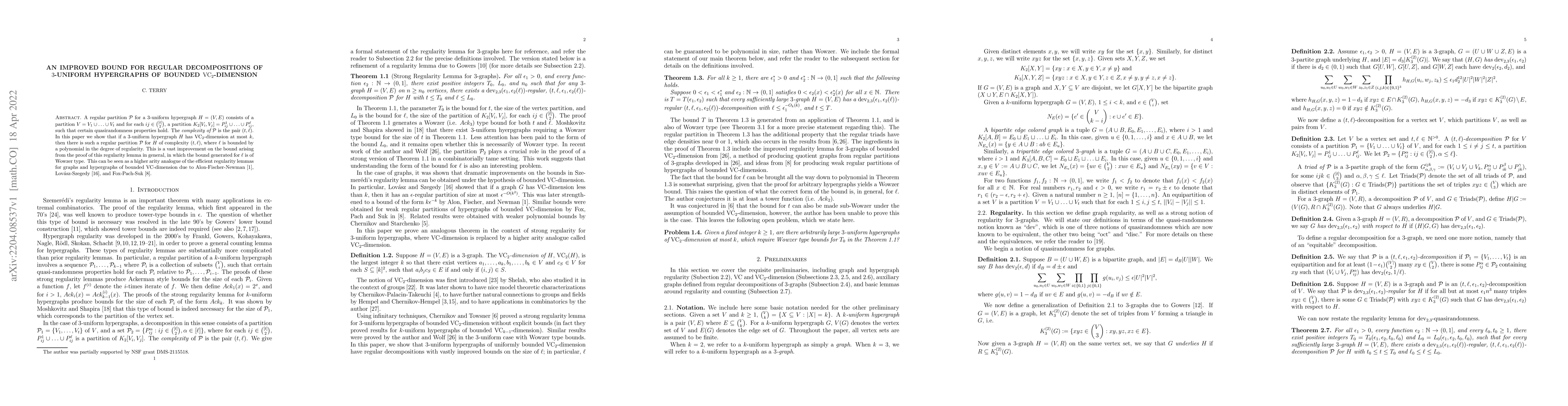 Thumbnail for An improved bound for regular decompositions of $3$-uniform hypergraphs
  of bounded $VC_2$-dimension