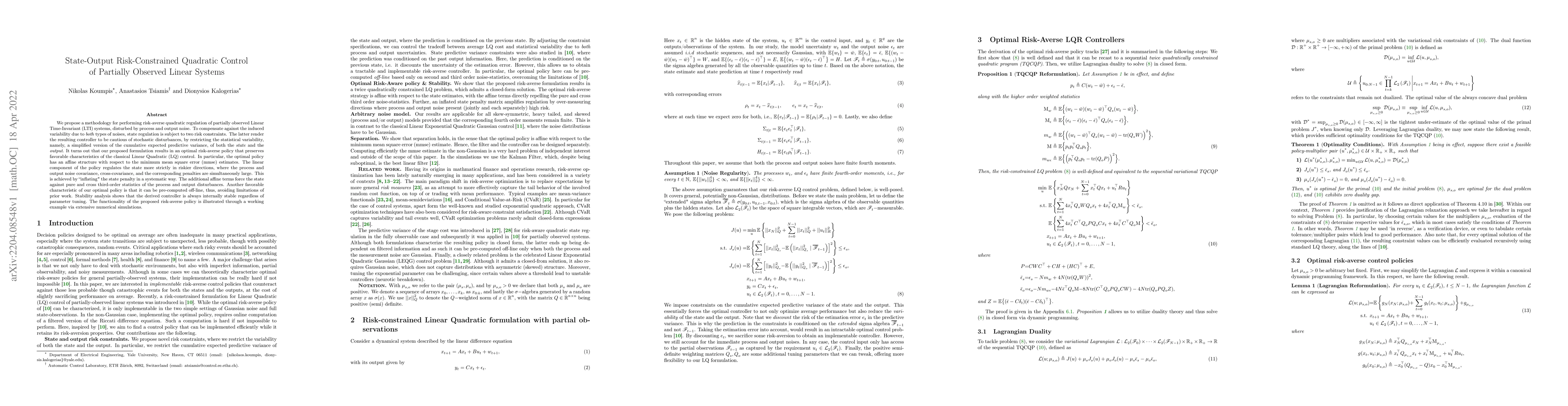 Thumbnail for State-Output Risk-Constrained Quadratic Control of Partially Observed
  Linear Systems