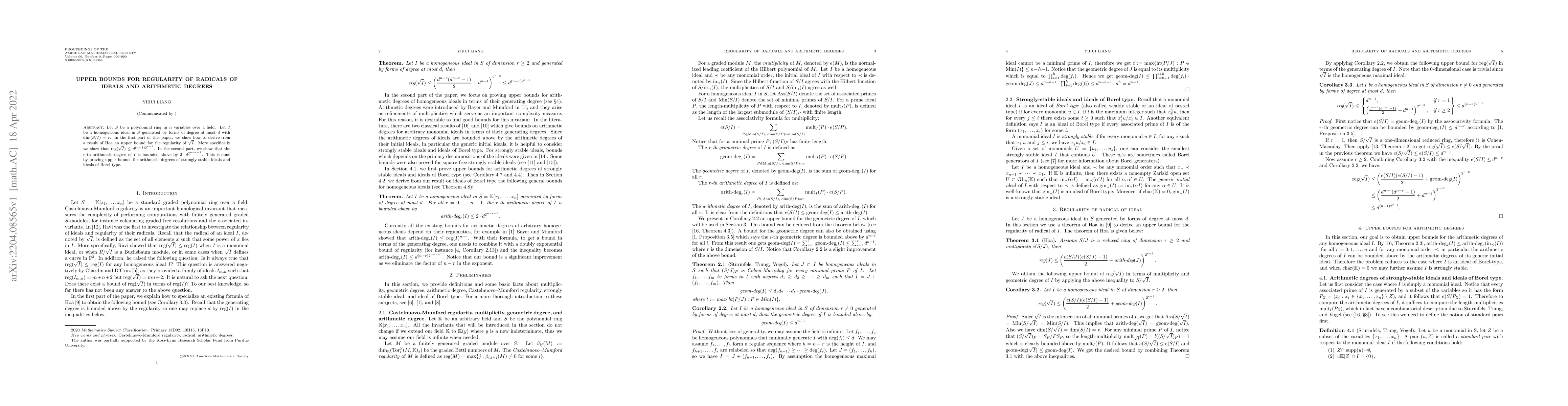 Thumbnail for Upper bounds for regularity of radicals of ideals and arithmetic degrees