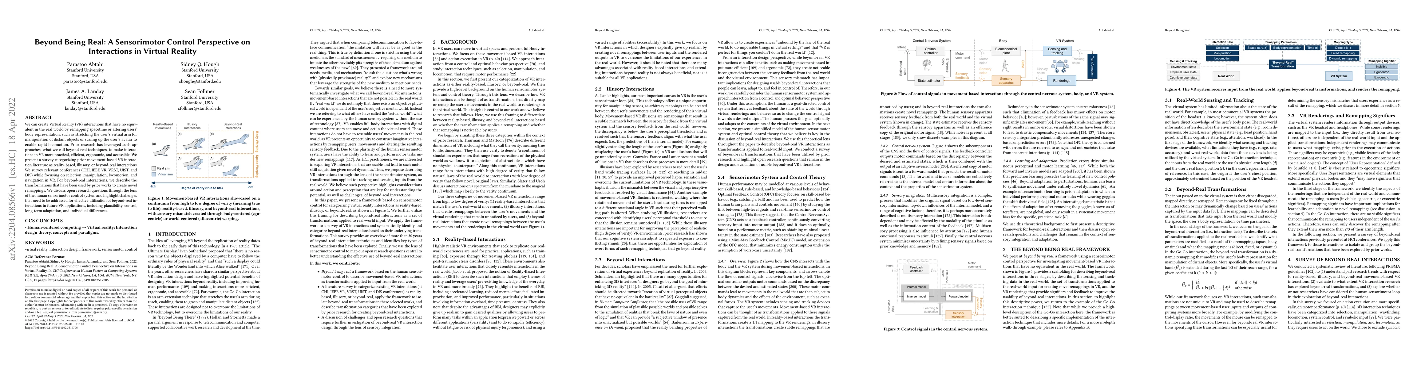 Thumbnail for Beyond Being Real: A Sensorimotor Control Perspective on Interactions in
  Virtual Reality