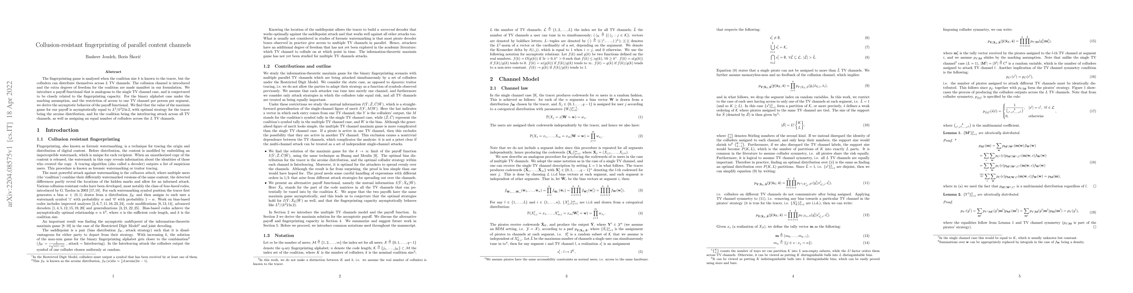 Thumbnail for Collusion-resistant fingerprinting of parallel content channels