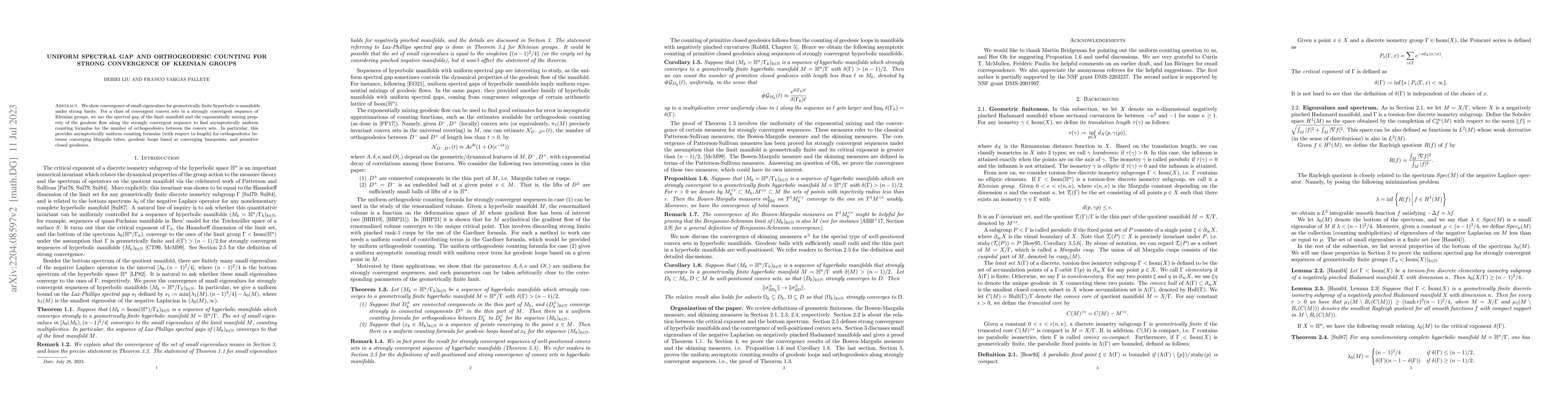 Thumbnail for Uniform spectral gap and orthogeodesic counting for strong convergence
  of Kleinian groups