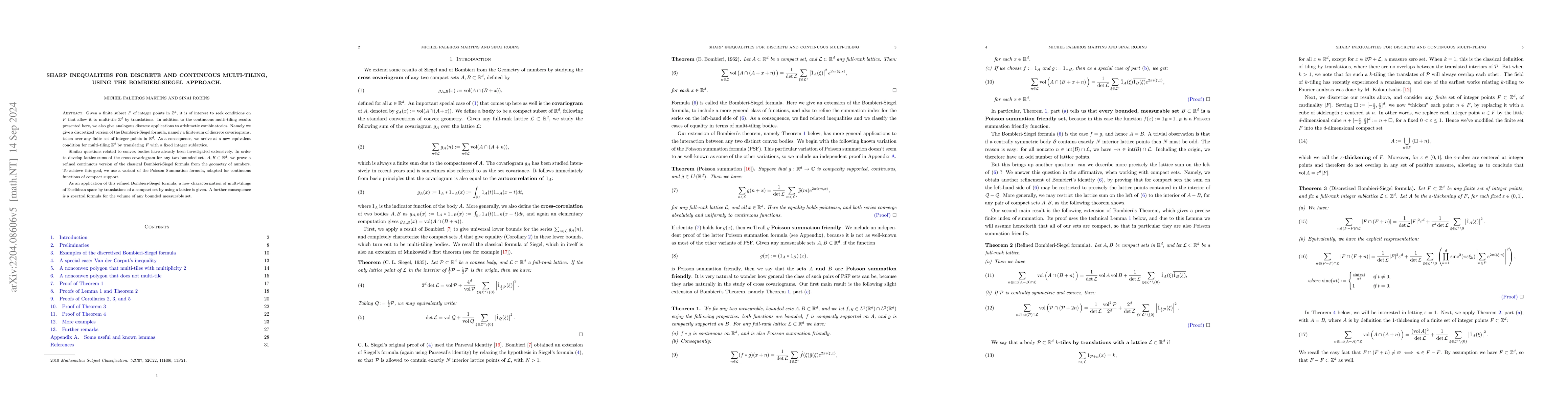 Thumbnail for Sharp inequalities for discrete and continuous multi-tiling, using the
  Bombieri-Siegel approach