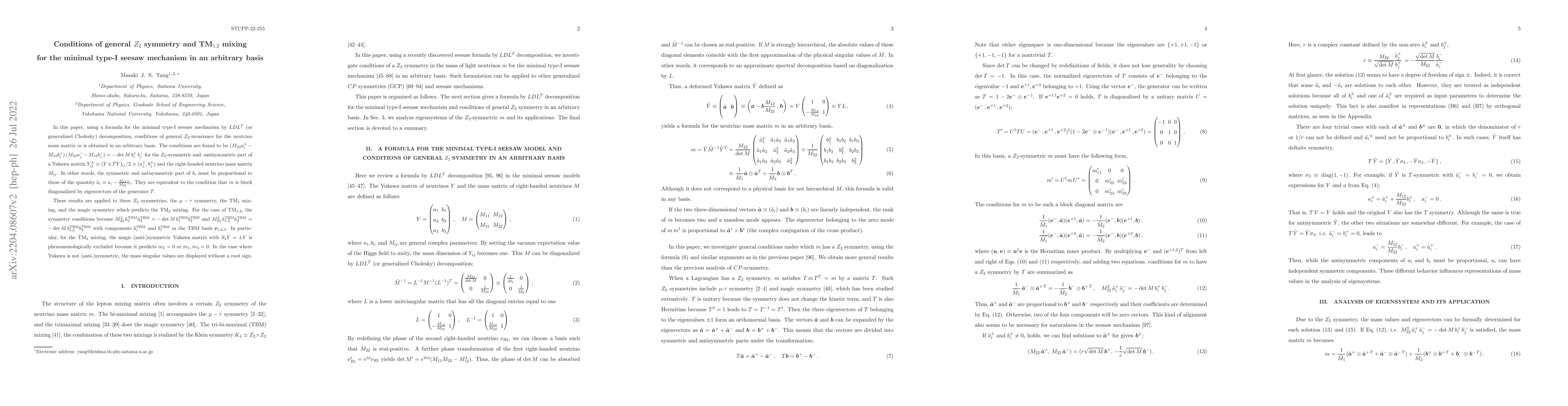 Thumbnail for Conditions of general $Z_{2}$ symmetry and TM$_{1,2}$ mixing for the
  minimal type-I seesaw mechanism in an arbitrary basis