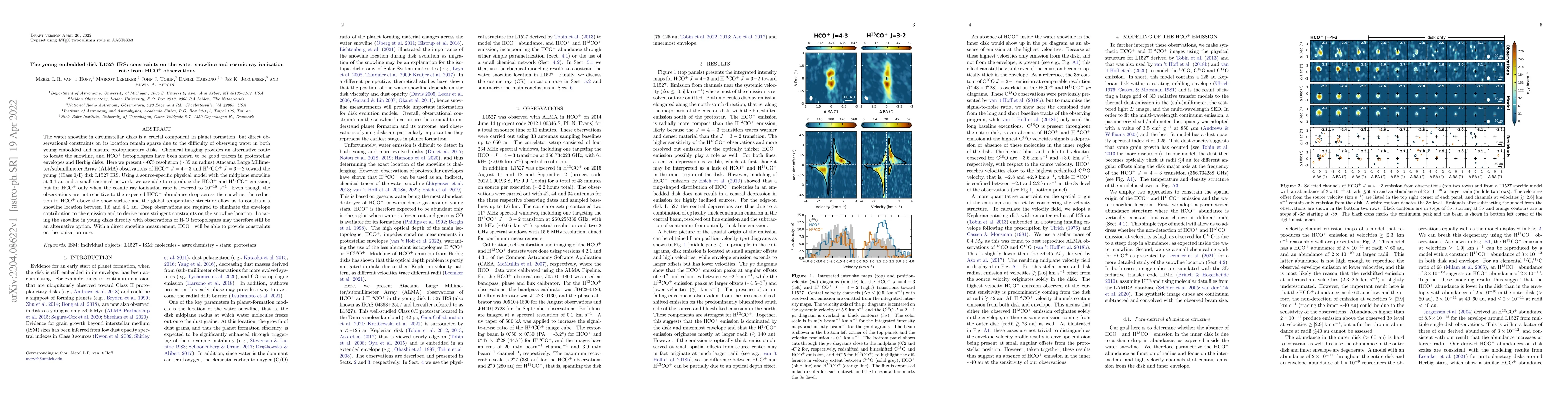 Thumbnail for The young embedded disk L1527 IRS: constraints on the water snowline and
  cosmic ray ionization rate from HCO+ observations