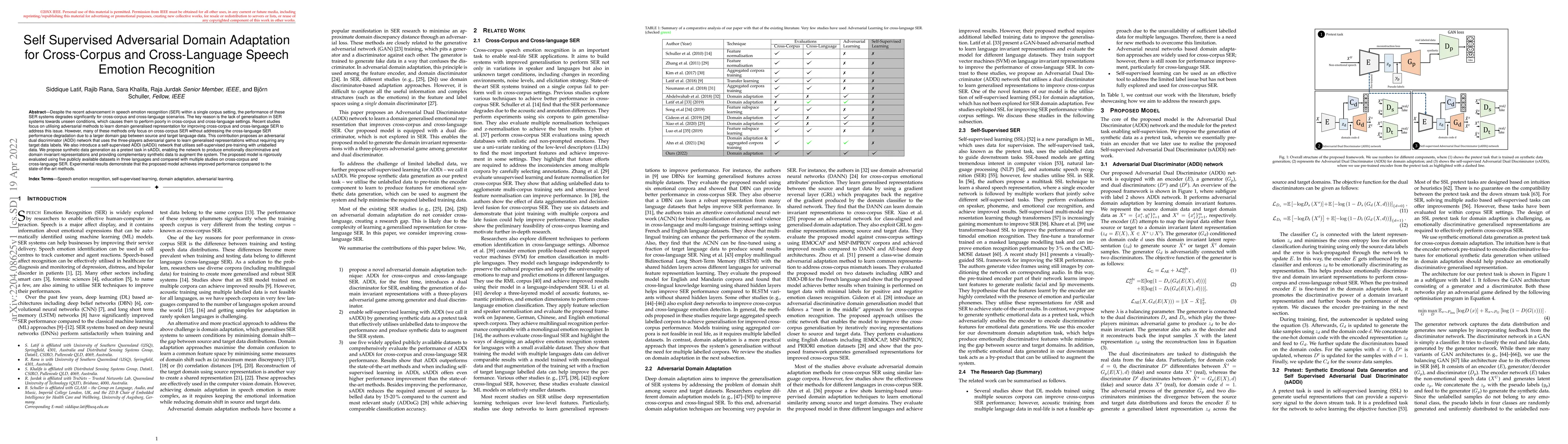 Thumbnail for Self Supervised Adversarial Domain Adaptation for Cross-Corpus and
  Cross-Language Speech Emotion Recognition