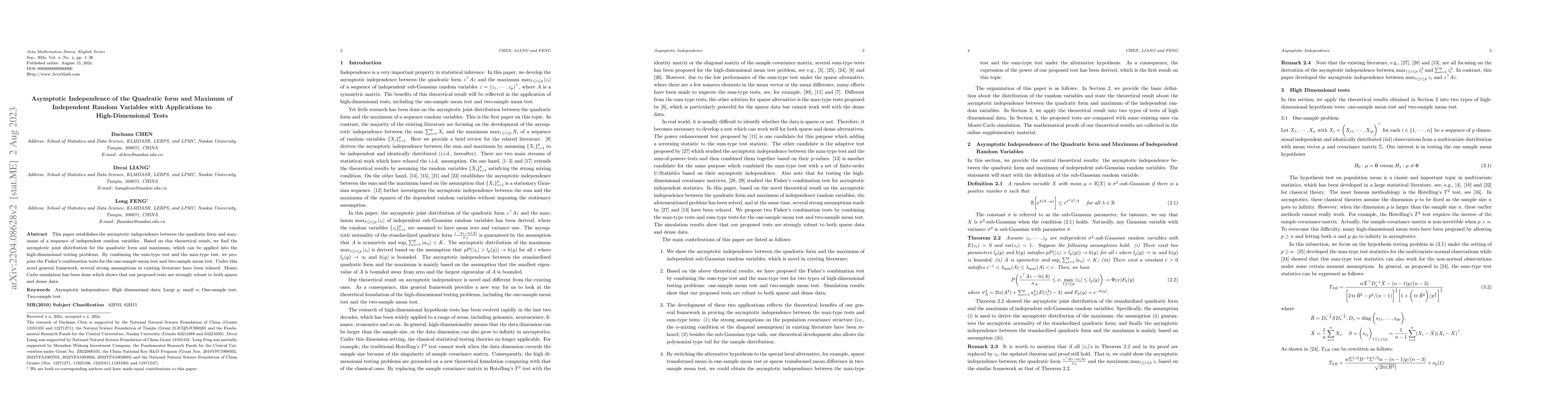 Thumbnail for Asymptotic Independence of the Quadratic form and Maximum of Independent
  Random Variables with Applications to High-Dimensional Tests