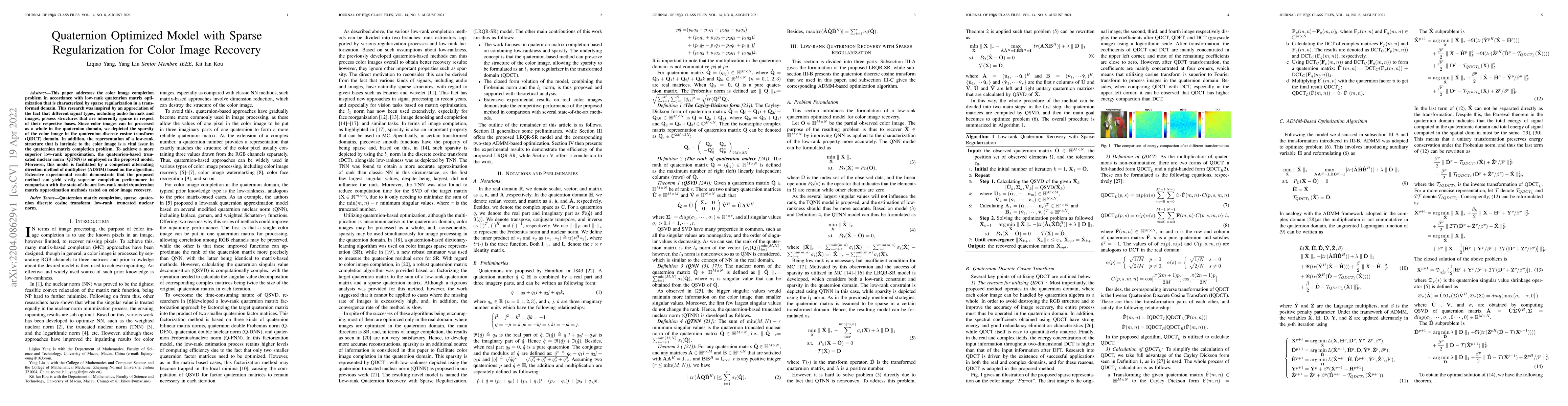 Thumbnail for Quaternion Optimized Model with Sparse Regularization for Color Image
  Recovery