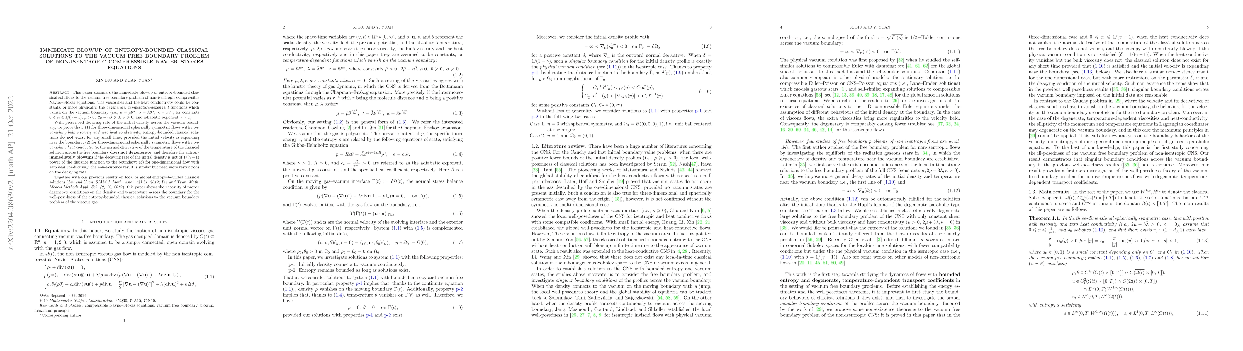 Thumbnail for Immediate blowup of entropy-bounded classical solutions to the vacuum
  free boundary problem of non-isentropic compressible Navier--Stokes equations