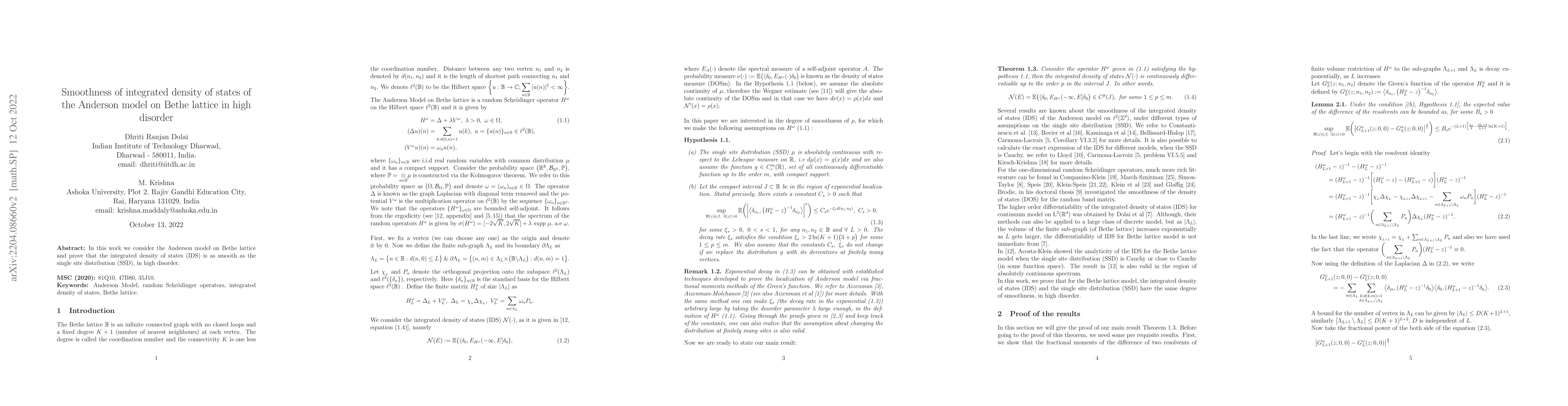 Thumbnail for Smoothness of integrated density of states of the Anderson model on
  Bethe lattice in high disorder