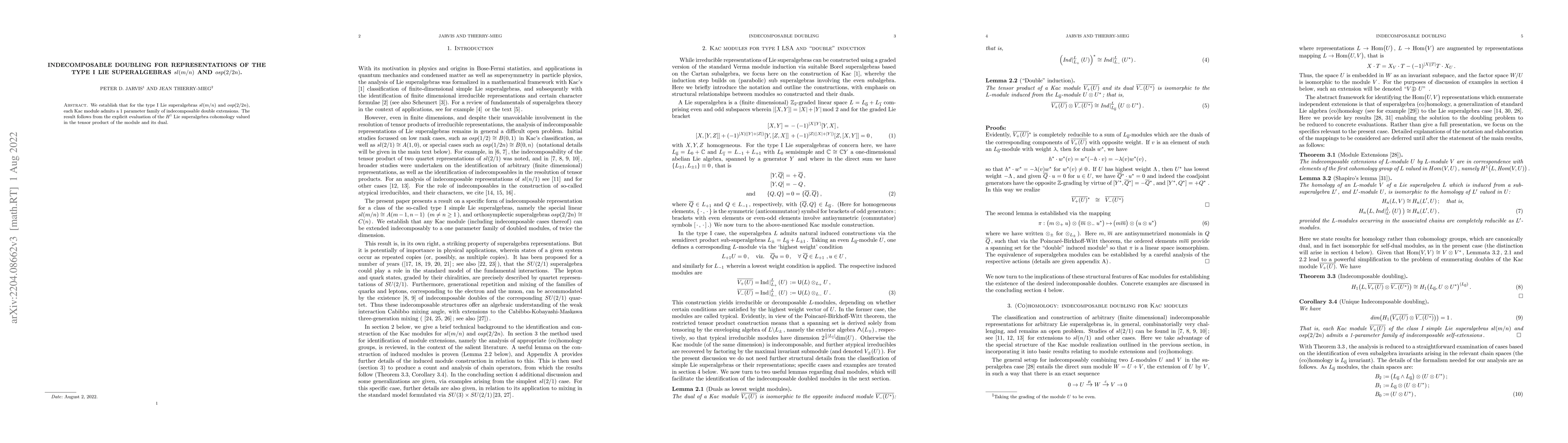 Thumbnail for Indecomposable doubling for representations of the type I Lie
  superalgebras sl(m/n) and osp(2/2n)