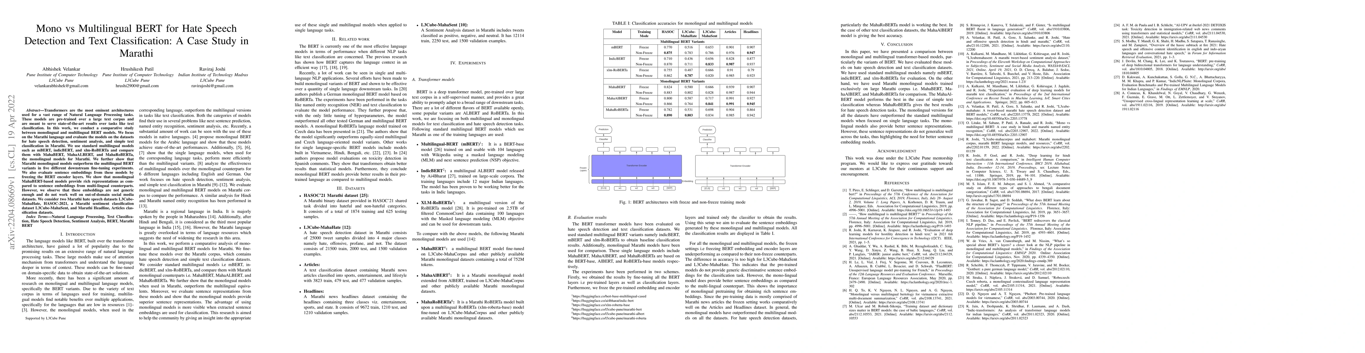Thumbnail for Mono vs Multilingual BERT for Hate Speech Detection and Text
  Classification: A Case Study in Marathi