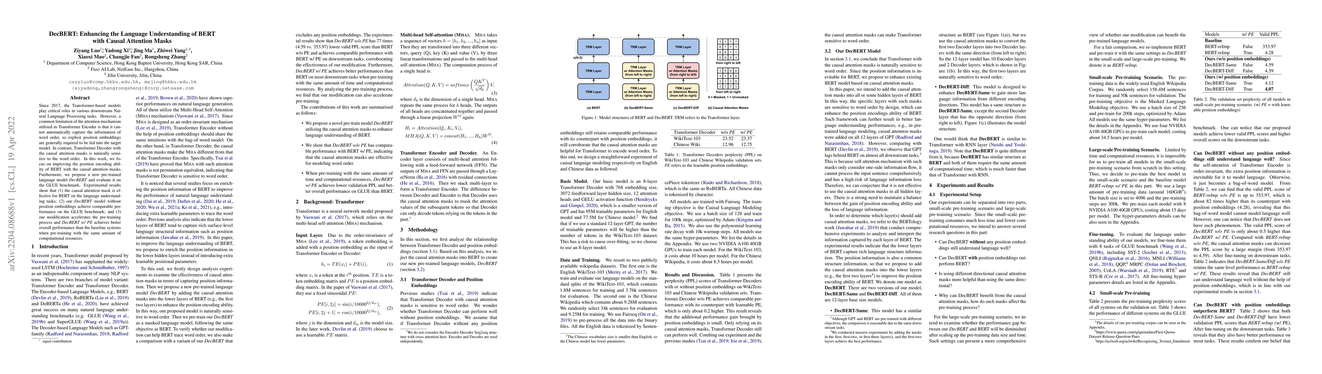 Thumbnail for DecBERT: Enhancing the Language Understanding of BERT with Causal
  Attention Masks