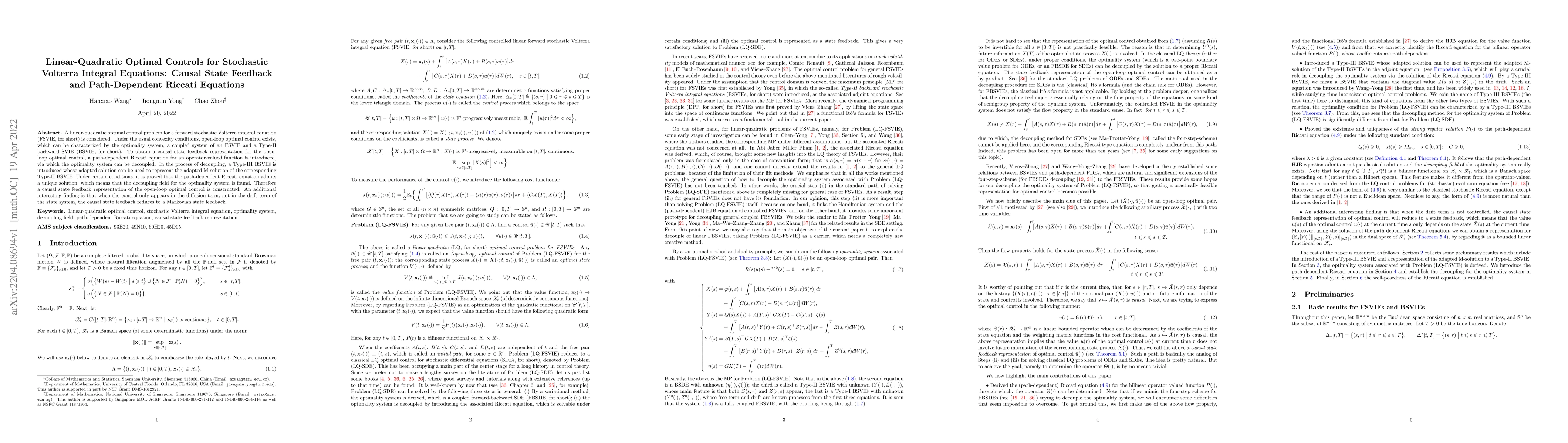Thumbnail for Linear-Quadratic Optimal Controls for Stochastic Volterra Integral
  Equations: Causal State Feedback and Path-Dependent Riccati Equations