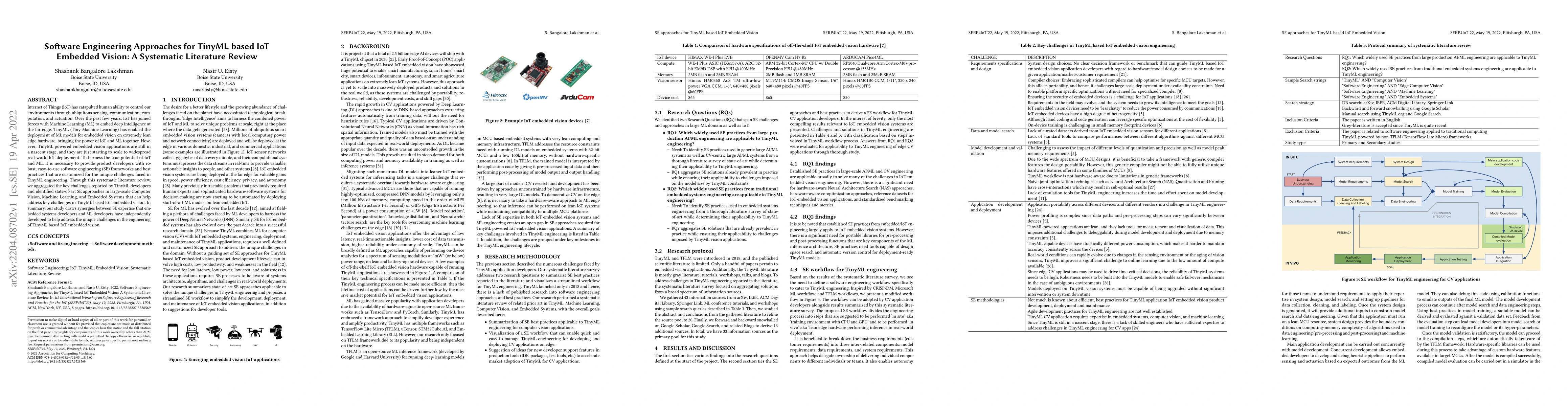 Thumbnail for Software Engineering Approaches for TinyML based IoT Embedded Vision: A
  Systematic Literature Review