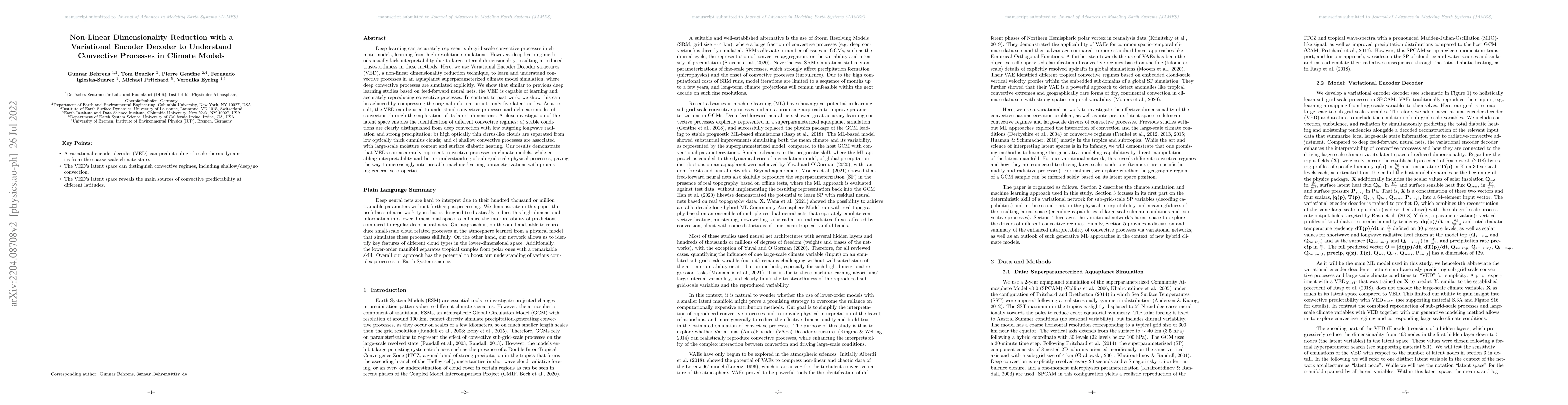 Thumbnail for Non-Linear Dimensionality Reduction with a Variational Encoder Decoder
  to Understand Convective Processes in Climate Models
