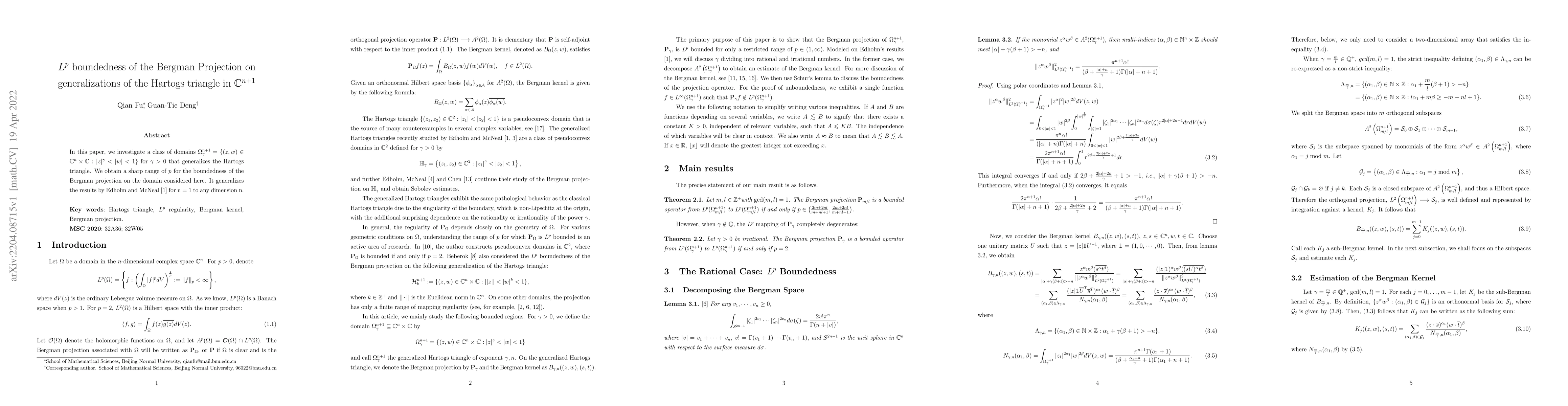 Thumbnail for $L^p$ boundedness of the Bergman Projection on generalizations of the
  Hartogs triangle in $\mathbb{C}^{n+1}$