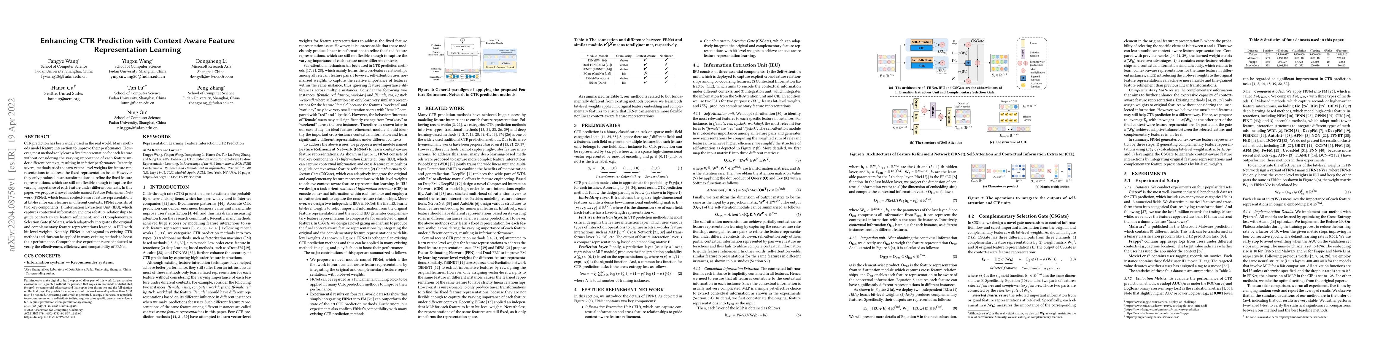 Thumbnail for Enhancing CTR Prediction with Context-Aware Feature Representation
  Learning
