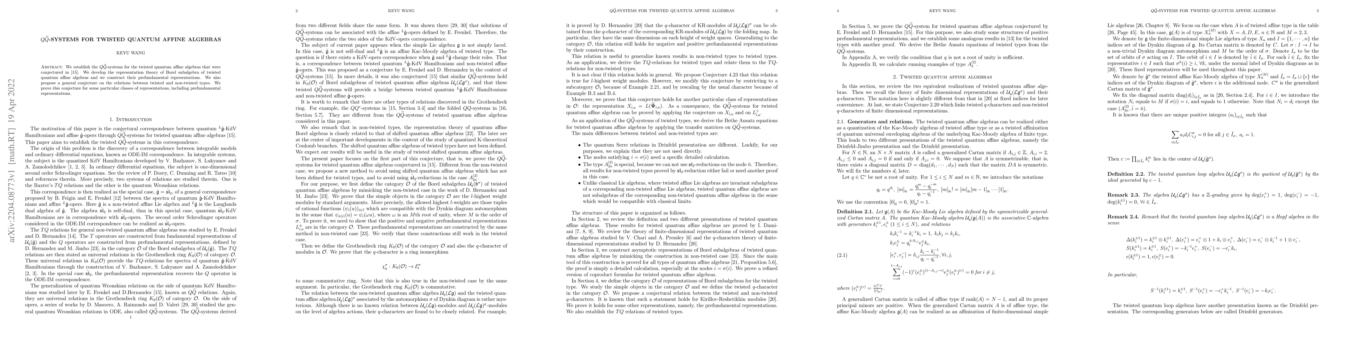 Thumbnail for $Q\widetilde{Q}$-systems for twisted quantum affine algebras