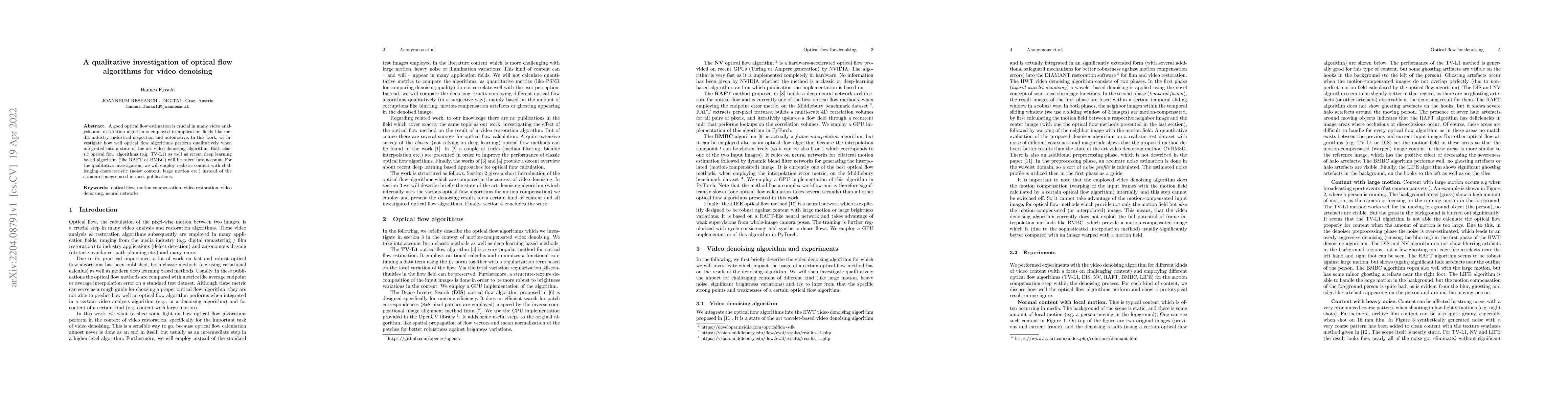 Thumbnail for A qualitative investigation of optical flow algorithms for video
  denoising