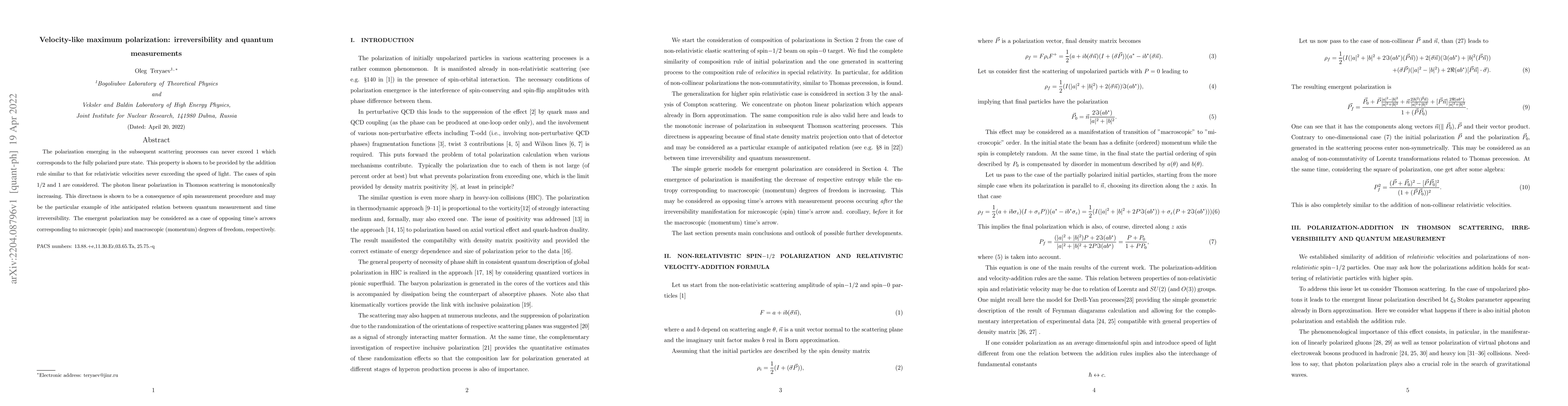 Thumbnail for Velocity-like maximum polarization: irreversibility and quantum
  measurements