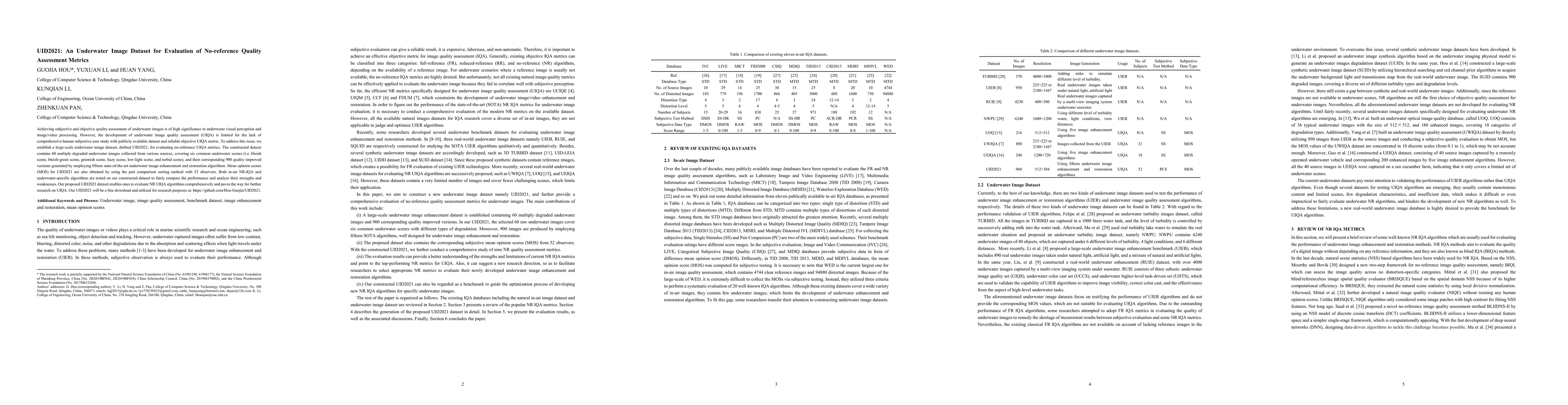 Thumbnail for UID2021: An Underwater Image Dataset for Evaluation of No-reference
  Quality Assessment Metrics