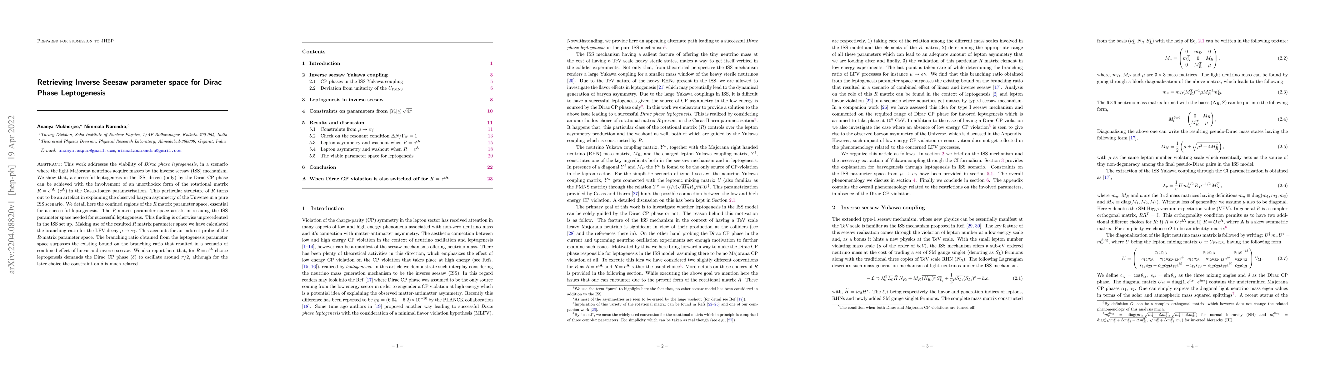 Thumbnail for Retrieving Inverse Seesaw parameter space for Dirac Phase Leptogenesis
