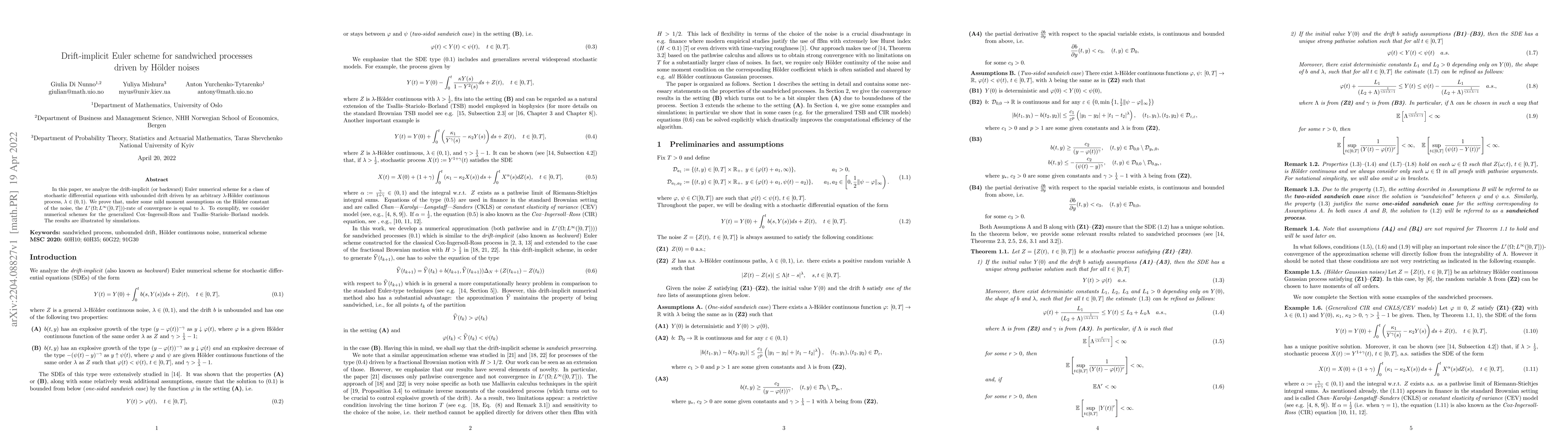 Thumbnail for Drift-implicit Euler scheme for sandwiched processes driven by H\"older
  noises
