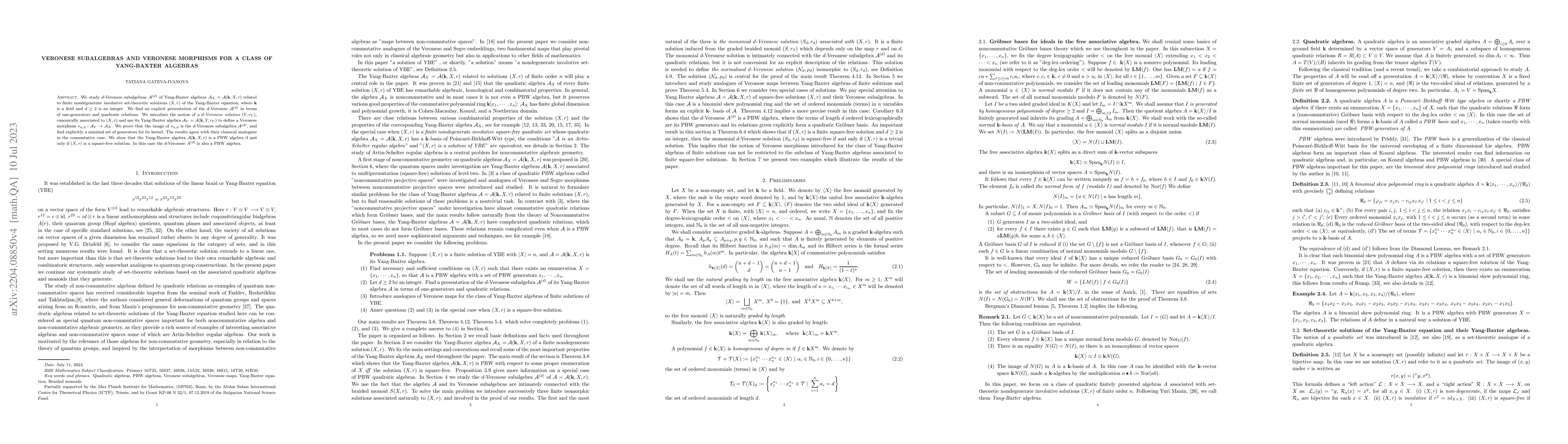 Thumbnail for Veronese subalgebras and Veronese morphisms for a class of Yang-Baxter
  algebras
