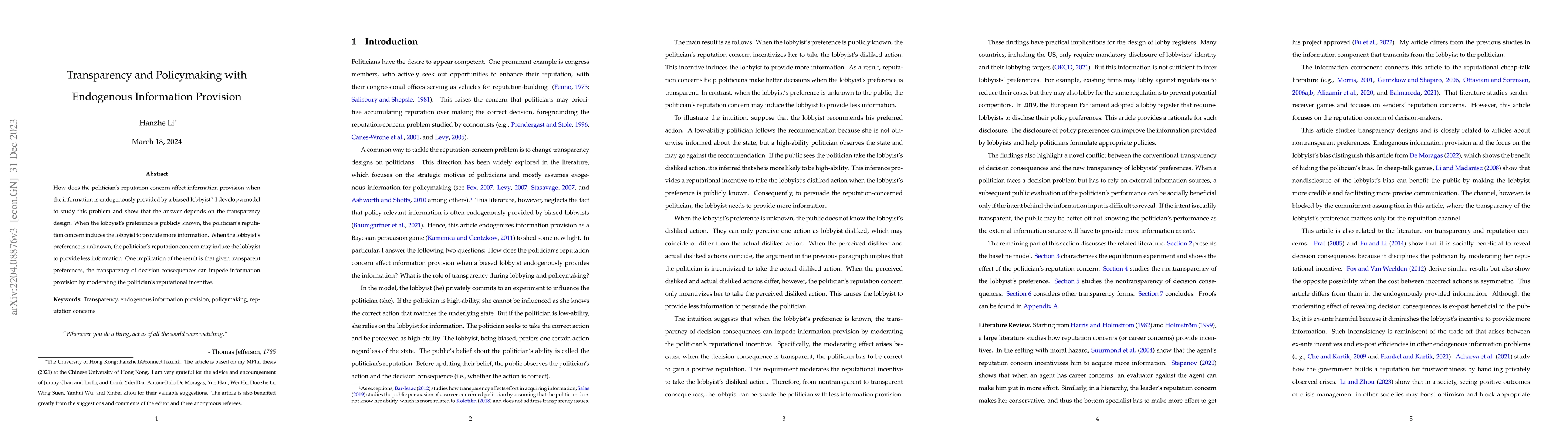 Thumbnail for Transparency and Policymaking with Endogenous Information Provision