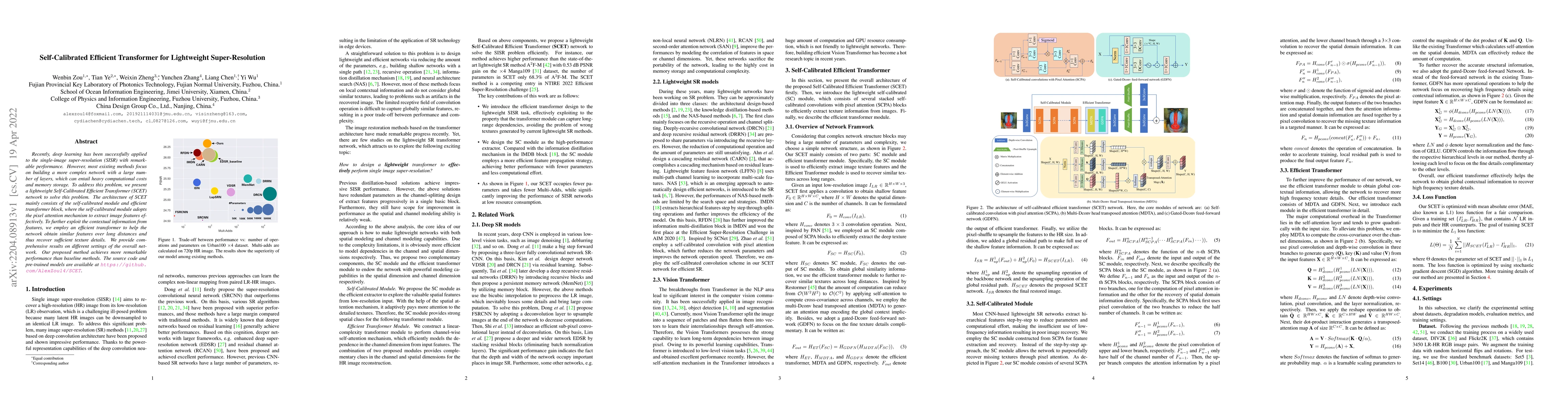 Thumbnail for Self-Calibrated Efficient Transformer for Lightweight Super-Resolution