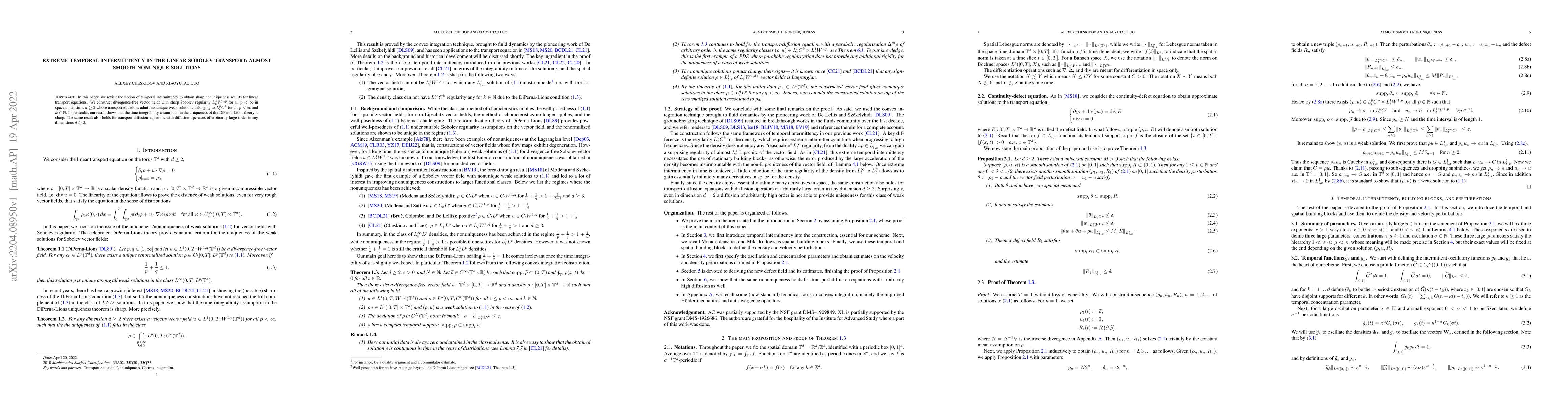 Thumbnail for Extreme temporal intermittency in the linear Sobolev transport: almost
  smooth nonunique solutions