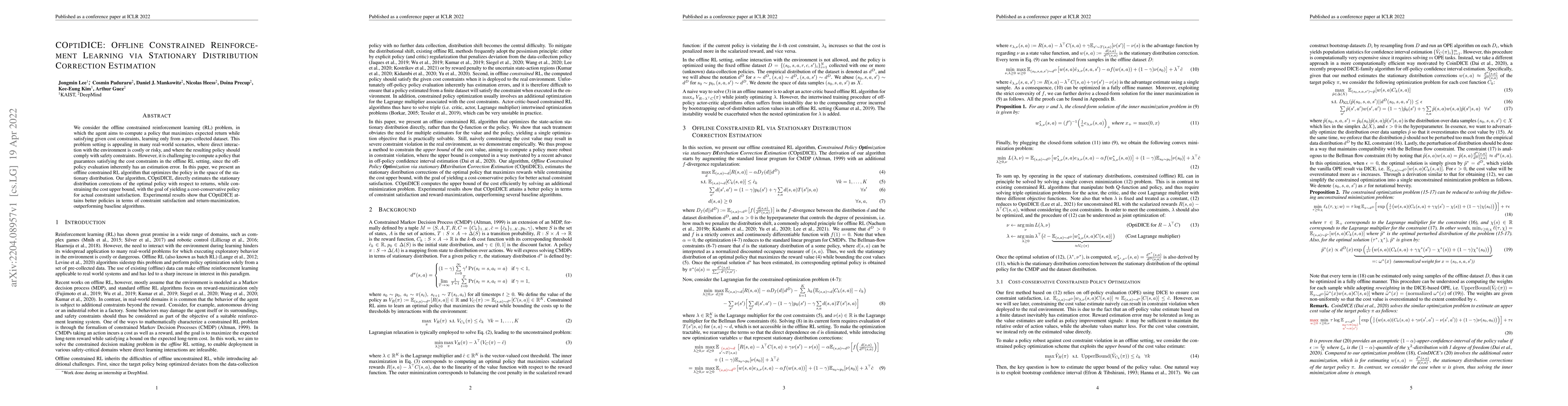Thumbnail for COptiDICE: Offline Constrained Reinforcement Learning via Stationary
  Distribution Correction Estimation