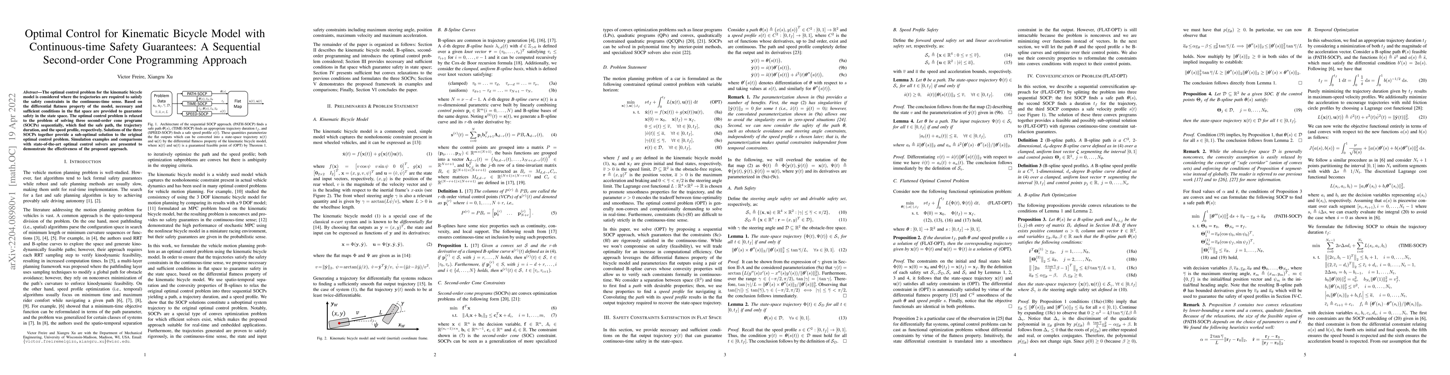 Thumbnail for Optimal Control for Kinematic Bicycle Model with Continuous-time Safety
  Guarantees: A Sequential Second-order Cone Programming Approach